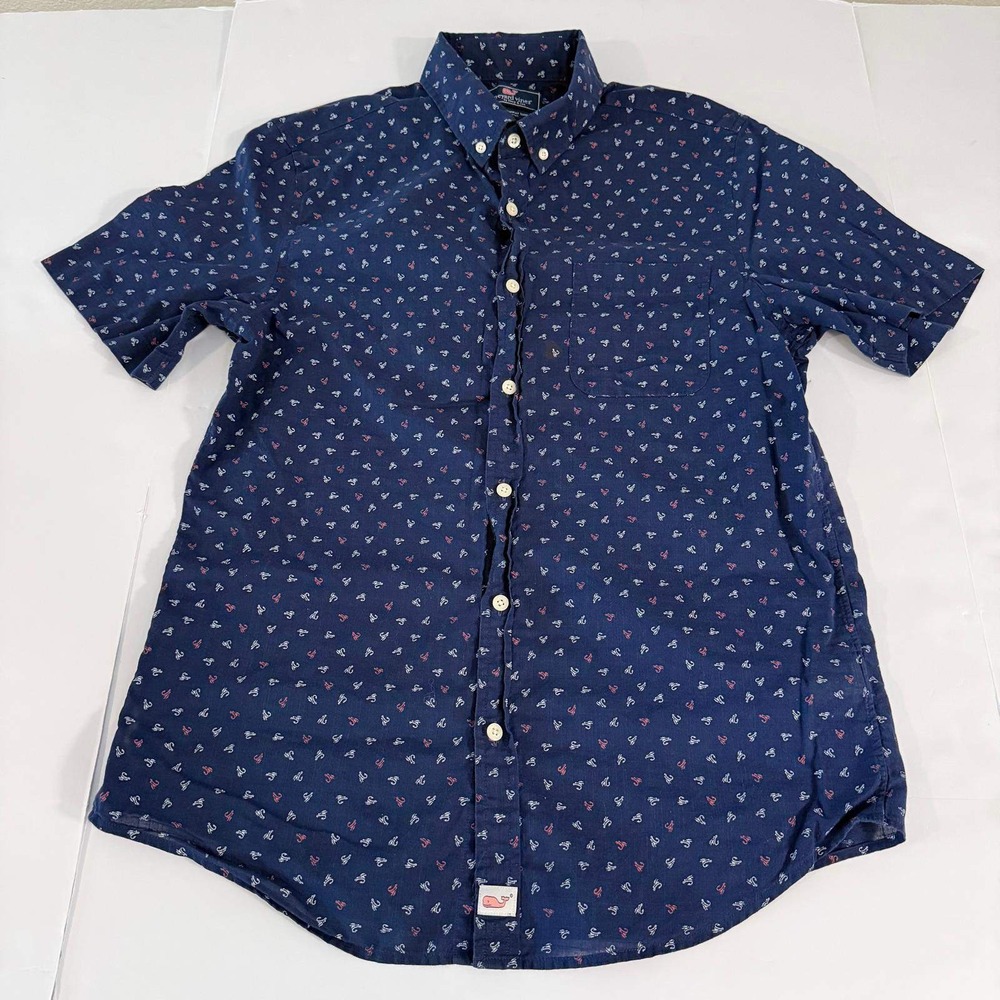 Vineyard Vines Mens Slim Fit Murray Shirt Navy Blue Fishing Fly Print Size S
